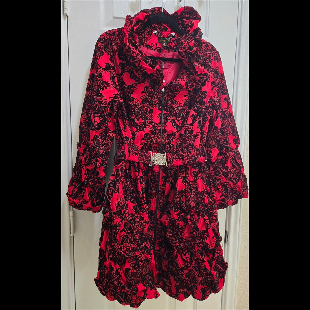 NWT Jerry T Vintage Red & Black Damask Style Floral Belted Tunic Dress Sz Med